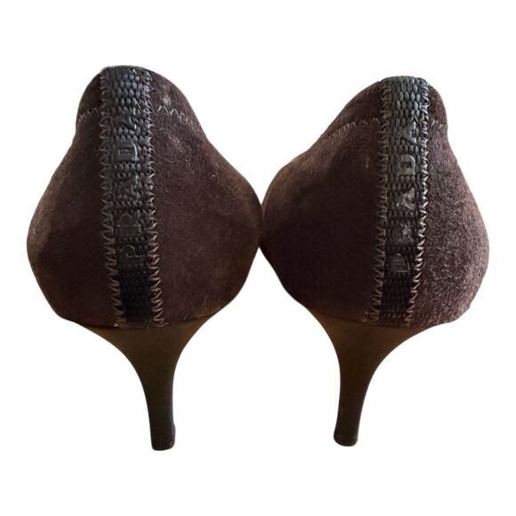 PRADA Brown Suede Black Patent Leather Cap Toe Pumps Heels Size EU 37 - Picture 6 of 10